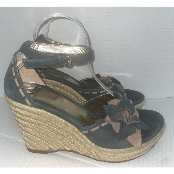 Earth Shoes - Sofft Sandals Women’s 10M Blue Espadrille Wedge Suede High Heel‎ Floral Shoes
